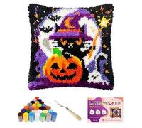Halloween Cat Witch Latch Hook Kits for Adults Kids, Beginners DIY Latch Hook Pillow Kit Pre-Printed Hook and Latch Rug Kits Cross-stitch Embroidery Cushion Cover for Home Sofa Decoration 17x17 in