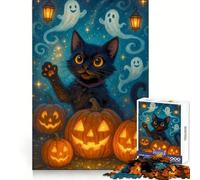 Halloween Cat with Pumpkins And Ghosts Jigsaw Puzzle 1000 Piece for Teenagers Recall Enhancer Creative Craft Pattern Build Birthday Idea (38x52cm)