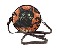Halloween Cat Women’s Round Crossbody Bag, Bat Circular Vegan Leather Shoulder Purse Handbag with Adjustable Strap