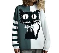 Halloween Cat,Women's Halloween Horror Sweater Spooky Face Scary Cat Patchwork Knit Cozy Sweatshirt Funny Graphic Crewneck Knitted Pullover Long Sleeve Oversized Vintage Festive Costume Dark Gray