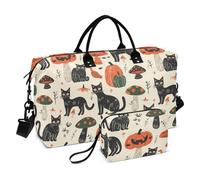 Halloween Cats Pumpkins Mushrooms Bold Linework Decorative Travel Hand Bag Travel Tote Gym Bag with Adjustable Strap for Airplane Traveling Large Capacity bolsos para viajar