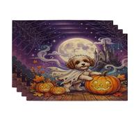 Halloween Cavachon Dog Placemats Set of 4, 12x18 Inch, Holiday Haunted Houses 4Pcs Washable Table Mats for Dinning, Fall Seasonal Party Home Kitchen Decor