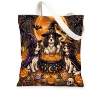 Halloween Cavalier King Charles Spaniel Dog Canvas Tote Bag for Shopping 13x15, Puppy Witch Cauldron Reusable Grocery Print Pattern Bag for Women, Scary Beach Aesthetic Painting Gift Decor