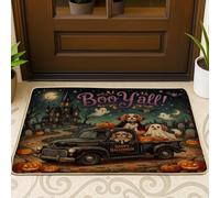 Halloween Cavalier King Charles Spaniel Dog Front Black Door Mat Outside Inside Entrance 29 * 17, Spooky Gothic Truck Outdoor Ultra Thin Doormat, Small Scary Print Shoes Off Door Rug for Patio