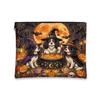 Halloween Cavalier King Charles Spaniel Dog Makeup Bag 7''x9'' for Travel Pouch, Puppy Witch Cauldron Toiletry Cosmetic Pouch for Women Gift, Scary Portable Canvas Zipper Organizer