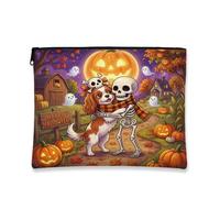 Halloween Cavalier King Charles Spaniel Dog Makeup Bag, Fall Skeleton Cosmetic Travel Pouch for Women, Portable Small Canvas Zipper Organizer, Farm Toiletry Bag 7x9 Inch