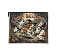 Halloween Cavalier King Charles Spaniel Makeup Bag, Holiday Fun Ghosts Cosmetic Travel Pouch for Women, Gifts for Girls, Dog Portable Small Canvas Zipper Organizer 7x9 Inch