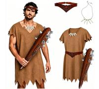 Halloween Caveman Costume for Men Women Cave Man Cosplay Set (Brown, S)