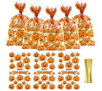 Halloween Cellophane Treat Bags, 50 Pcs Pumpkin Patterned Flat Clear Storage Bag Sweet Candy Cookies Gifts Bag with 50 Pcs Gold Twist Ties for Halloween Party Supplies Favor Decorations, 15 x 25 cm