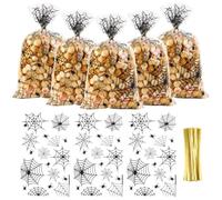 Halloween Cellophane Treat Bags, 50 Pcs Spider Web Pattern Flat Clear Storage Sweet Candy Cookies Gifts Bag with 50 Pcs Black Twist Ties for Halloween Party Supplies Favor Decorations, 15 x 25 cm