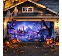 Halloween Cemetery Garage Door Cover, Pumpkin Ghost Garage Hanging Banner Backdrop, Horror Purple Starry Sky and Moon Home Indoor Outdoor Party Yard Wall Window Decor, 7 x 16 FT