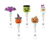 Halloween Check-in Badge Reel Bundle, 5 Piece Retractable Workplace Card Holders for Team Pass Access, Pumpkin Bat Character Theme Halloween Badge Reel Set Retractable Holder Work Pass Clip Workplace