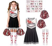 Halloween Cheerleader Costume Women, Halloween Zombie Cheerleader Costume with Pompoms Bloody Stockings Tattoo Stickers, Scary Bloody Cheerleader Costume for Girls Halloween Dress-Up Parties