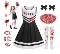 Halloween Cheerleader Costumes, Zombie Cheerless Costume for Kids, Girls Scary Outfits with Pom-poms Stockings and Tattoos, Ages 7-9 Dead Cheerleading for Halloween Decorations Party Gifts, Black