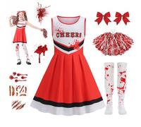 Halloween Cheerleader Costumes, Zombie Cheerless Costume for Kids, Girls Scary Outfits with Pom-poms Stockings and Tattoos, Ages 7-9 Dead Cheerleading for Halloween Decorations Party Gifts, Red