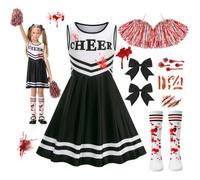 Halloween Cheerleader Costumes, Zombie Cheerless Costume for Kids, Girls Scary Outfits with Pom-poms Stockings and Tattoos, Ages 7-12 Dead Cheerleading for Halloween Decorations Party Gifts