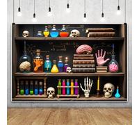 Halloween Chemistry Laboratory Backdrop 7x5ft Mad Scientist Laboratory Banner Brain Skulls Chemical Reagent Magical Bookshelf Background for Kids Halloween Party Decorations Supplies Photo Props