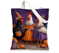 Halloween Chicken Canvas Tote Bags, Fun Poultry Pattern Reusable Grocery Bags, Colorful Lightweight Washable Shoulder Strap, Colorful, 13x15 Inch