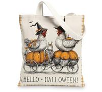 Halloween Chicken Canvas Tote Bags Reusable Farm Animals Vintage Lightweight Washable Tote Bags with Shoulder Strap, beige, 13x15 Inch