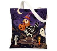 Halloween Chicken Rooster Canvas Tote Bag for Shopping 13x15, Horror Poultry Graveyard Reusable Grocery Print Pattern Bag for Women, Spooky Scary Aesthetic Painting Gift Decor