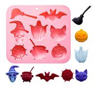 Halloween Chocolate Moulds, 8 Cavity Bat Cat Spider Web Pumpkin Skull Silicone Moulds Halloween Candy Molds for Jelly Gummy Pudding Ice Cube Cookie Party Decor (Pink)