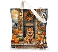 Halloween Chow Chow Dog Canvas Tote Bag for Shopping 13 * 15, Holiday Welcome Reusable Grocery Bag for Women, Cute Work Travel Painting Gift Decor