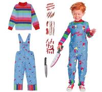Halloween Chucki Costume Kids - Boy/Girl Killer Horror Movie Theme Costume with Blood Knife/Horror Tattoo Stickers, Striped Top with Blue Dungarees, Scary Kids Halloween Costumes for Boys -M