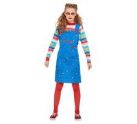 Smiffys Chucky Costume in Blue for Kids, Dress and Top, Officially Licensed, Blue Dungaree Dress and Striped Top with Colour Block Cuffs, Ideal for Halloween and Matching Costumes
