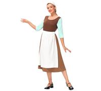 Halloween Cinders Maid Costume Women Peasant Brown Dress White Apron Princess Cosplay S