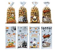 Halloween Clear Candy Bags Interesting Pumpkin Skeleton Snack Cookie Bags 4.9x10.6 Inch Cellophane Bags with Gold Twist Ties Party Treat Goodie Gift Favor Bags 50Pcs (Cartoon B)