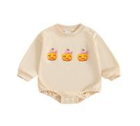 Halloween Clothes Baby Girl Romper Long Sleeve Crew Neck Bow Pumpkin Print Bodysuit Playsuit Newborn Clothing My First Halloween Outfit (Khaki, 6-9 Months)