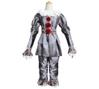 Halloween Clown Pennywise Fancy Dress Costume Outfit Full Set For Adults And Kid(Size:160,Color:Silvery)