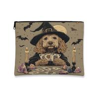 Halloween Cockapoo Dog Makeup Bag 7''x9'' for Travel Pouch, Fun Scary Witch Bat Toiletry Cosmetic Pouch for Women Gift, Witchy Tarot Portable Canvas Zipper Organizer