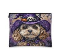 Halloween Cockapoo Dog Makeup Bag 7x9 Inch for Travel Purse, Fun Gothic Witch Bat Pattern Cosmetic Pouch for Women, Witchy Portable Canvas Zipper Organizer