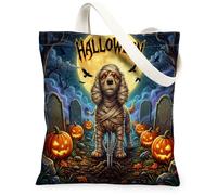 Halloween Cocker Spaniel Dog Canvas Tote Bag for Shopping 13 * 15, Holiday Graveyard Reusable Grocery Bag for Women, Pumpkins Work Travel Painting Gift Decor