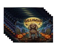 Halloween Cocker Spaniel Dog Placemats Set of 6, 12x18 Inch, Holiday Graveyard 6Pcs Seasonal Table Mats for Dinning, Pumpkins Holiday Home Kitchen Decor