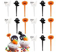 Halloween Cocktail Sticks,24Pcs Pumpkin Ghost Cat Plastic Fruit Skewers Food Picks,Halloween Cupcake Topper Toothpicks Cocktail Accessories for Appetizers Party Decorations Supplies