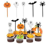 Halloween Cocktail Sticks, 30 Pcs Plastic Fruit Picks Pumpkin Ghost Spider Bat Skull Food Picks Fruit Skewers Cupcake Toppers Toothpicks for Appetizer Dessert Halloween Decorations Party Supplies