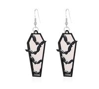 Halloween Coffin-Shaped Dangle Earrings - Acrylic Horror Casket with Bat Accents, Spooky Punk Jewelry for Women’s Halloween Parties (White)