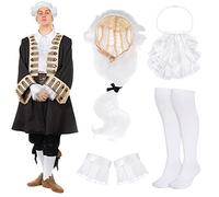 Halloween Colonial Costume Founding Father Washington Accessories for Men | Historical Judge Cosplay Accessories for Adult, 4 Piece Set with White Powdered Wig, Jabot Collar, Ruffle Cuffs & Socks