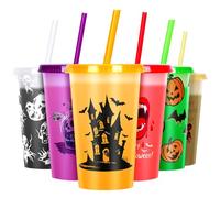 Halloween Color Changing Cups with Lids and Straws, 6 Pack 12oz Plastic Hallowee n Tumblers Set Hallowe en Bulk Party Cups, Reusable Cups with Lids and Straws for Halloween Party Favors (12oz)
