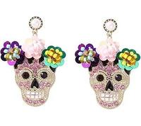 Halloween Colorful Flower Skull Dangle Earrings, Zircon Pearls Skeleton Drop Earrings Day of The Dead Jewelry for Woman, Copper, Cubic Zirconia