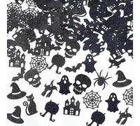 Halloween Confetti Decoration, Pack of 100, Black Glitter Paper Scatter Decorations with Ghosts, Bats, Castles, Spider Webs, Witch Hats and Cats