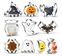Halloween Cookie Cutter Set of 10, Stainless Steel Biscuit Cutters Handmade- Pumpkin, Bat, Ghost, Witch Hat, Cat, Candy, Cobweb, Owls, Moon, for Kids & Parties Baking