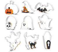 Halloween Cookie Cutter Set of 9, Stainless Steel Biscuit Cutters Handmade- Pumpkin, Bat, Ghost, Witch Hat, Cat, for Kids & Parties Baking