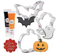 Halloween Cookie Cutters and Decorating 5-Pc. Set Made in USA by Ann Clark, Pumpkin, Ghost, Bat, Orange & Super Black Food Coloring Gel