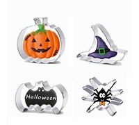 Halloween Cookie Cutters Set, 4 Pieces Stainless Steel Halloween Biscuit Cutters Shape - Pumpkin, Bat, Spider, Witch Hat for Baking, Party