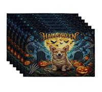 Halloween Corgi Dog Placemats Set of 6, 12x18 Inch, Holiday Graveyard 6Pcs Seasonal Table Mats for Dinning, Pumpkins Holiday Home Kitchen Decor