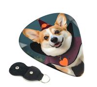 Halloween Corgi Dog Witch Guitar Picks 6 Pcs, 0.96mm Thickness Celluloid Plectrum with Leather Picks Holder, Personalized Guitar Pick for Bass Electric Acoustic Guitars Lovers Gift