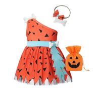 Halloween Cosplay Costume Toddler Kids Girls Caveman Costume Bones Historical Cavegirl Mesh Dress Princess Outfits Girl Dresses with Headband Carnival Halloween Party Outfit (Orange-B, 3-6 Months)